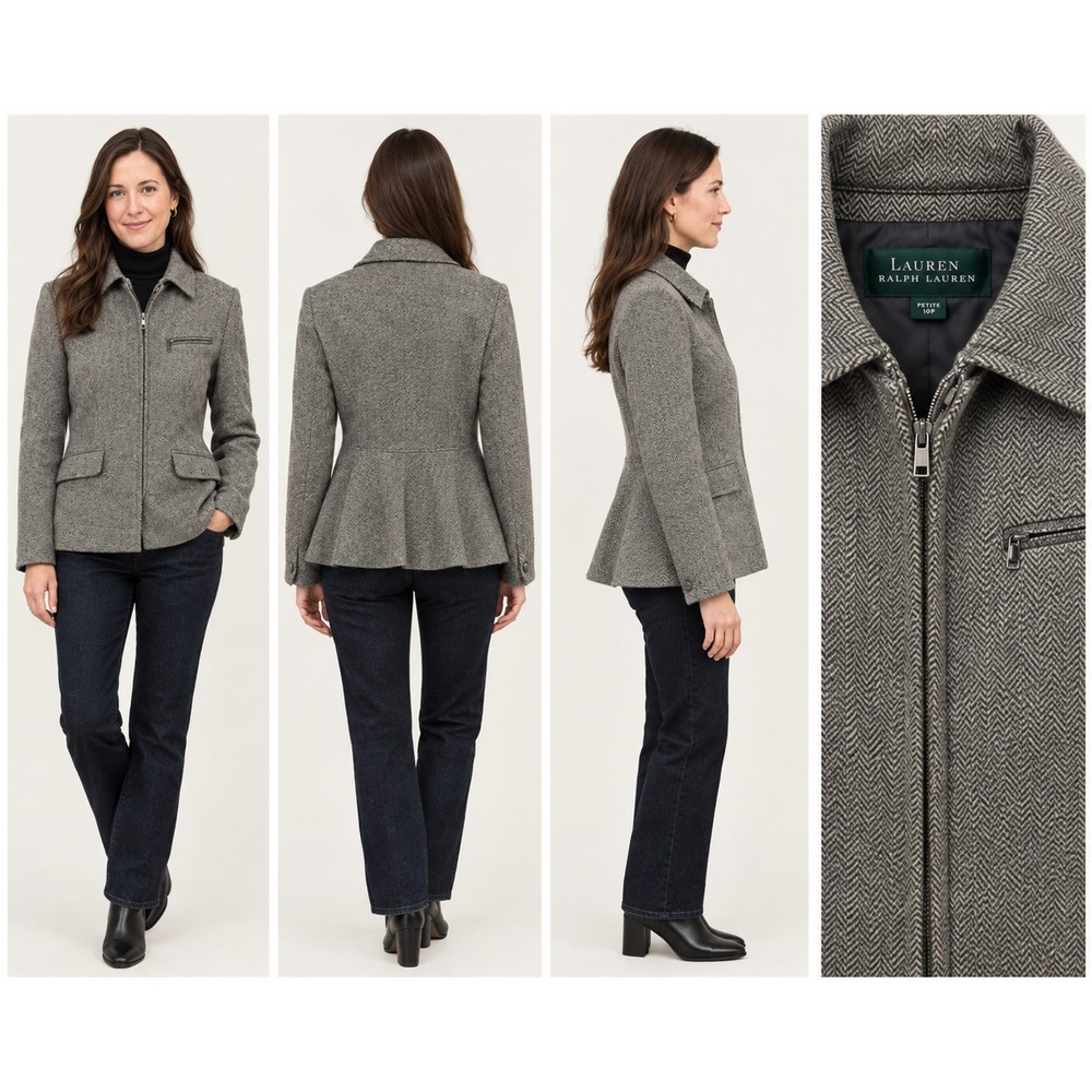 VTG Lauren Ralph Lauren Jacket Womens Petite 10P Gray Herringbone Wool Full-Zip